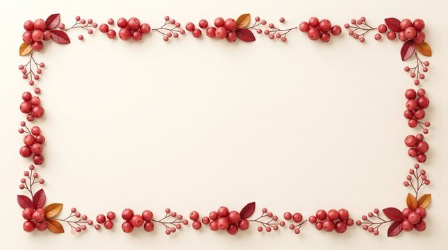 Decorative frame made of red berries and autumn leaves for a festive thanksgiving holiday invitation card background