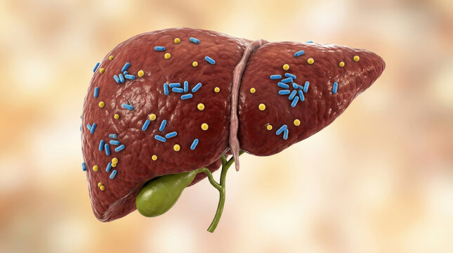 Human liver organ model featuring scattered viral particles for pharmaceutical research and medical diagnostics visualization.