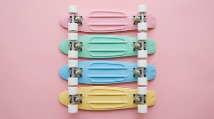 Fototapeta premium Row of four pastel colored plastic cruiser skateboards in pink, mint green, sky blue, and yellow arranged neatly on a soft pink background, flat lay top view, minimalist retro aesthetic