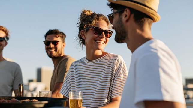 Group of friends enjoying a rooftop barbecue during a sunny summer afternoon, modern city skyline in the background, grilled food and casual drinks, urban lifestyle, rooftop BBQ,