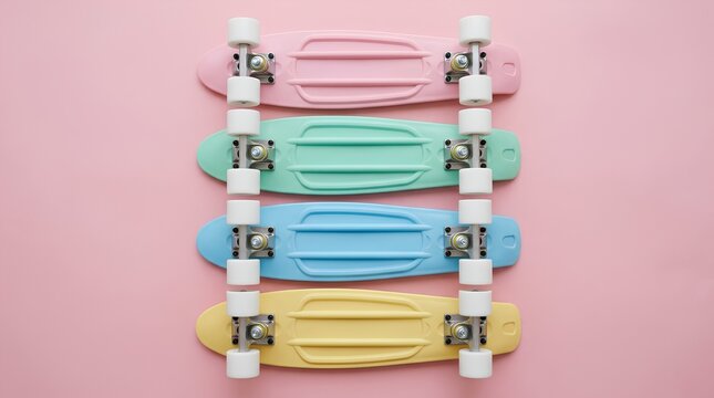 Row of four pastel colored plastic cruiser skateboards in pink, mint green, sky blue, and yellow arranged neatly on a soft pink background, flat lay top view, minimalist retro aesthetic