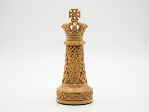 Intricate wooden chess king piece with celtic knotwork carvings and ornate cross finial for luxury board game aesthetic display.