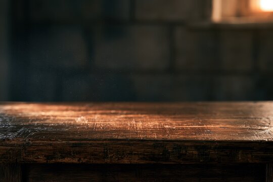 Weathered wood surface under low light with a muted masonry backdrop