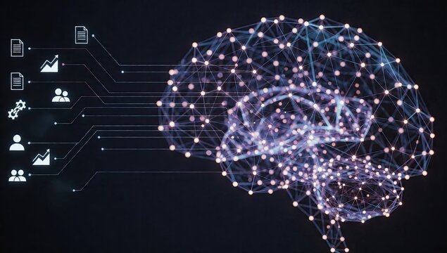 Artificial Intelligence Brain Network with Connected Data Icons, Digital Neural Network Concept for Machine Learning and Technology