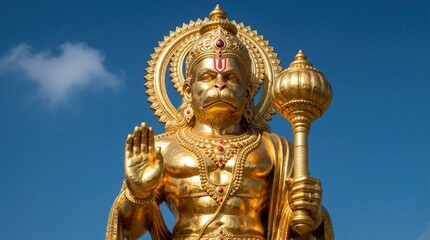 Fototapeta premium Golden Hanuman statue with mace and raised hand against bright blue sky. Muscular deity figure offers protection, strength, divine power, Hindu god symbol.