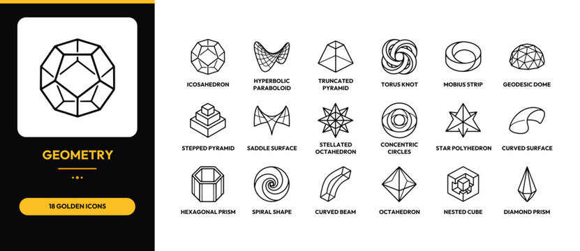 Geometry mathematical shapes and solid structures thin line icons set for education and architectural design.