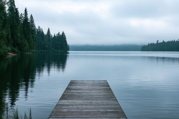 Obraz premium Serene lakescape featuring an empty dock, glassy water, and soft cloud cover