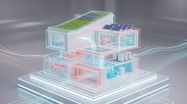sustainable architecture, a sleek digital rendering of a sustainable building in pearlescent white with cyan and coral accents