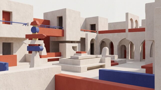 architectural styles, a neo-brutalist courtyard featuring chunky geometric forms and vibrant accents