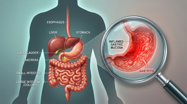 Anatomical diagram of human digestive system with zoomed magnifying glass highlighting red inflamed gastric mucosa gastritis.