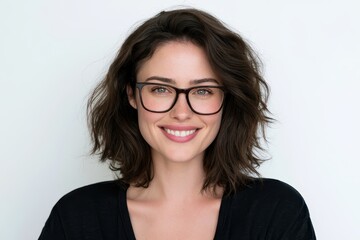 Obraz premium Portrait of a smiling brunette woman wearing glasses against a clean white studio background
