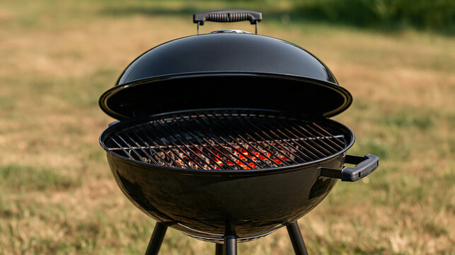 Round kettle-style barbecue grill with lid open, glowing charcoal visible beneath the cooking grate, clean outdoor cooking equipment concept, BBQ grill, garden cooking, with copy