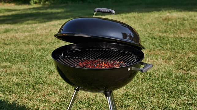 Round kettle-style barbecue grill with lid open, glowing charcoal visible beneath the cooking grate, clean outdoor cooking equipment concept, BBQ grill, garden cooking, with copy