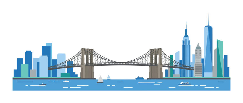 New York City Skyline with Brooklyn Bridge and Skyscrapers, Isolated