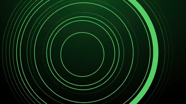 Abstract background with concentric green rings on dark gradient. Minimalist ripple effect design, wave pattern. Simple, clean graphic for tech, science, or eco themes.