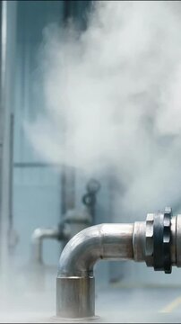 Industrial metal pipes venting hot steam in a production facility video footage for manufacturing concepts