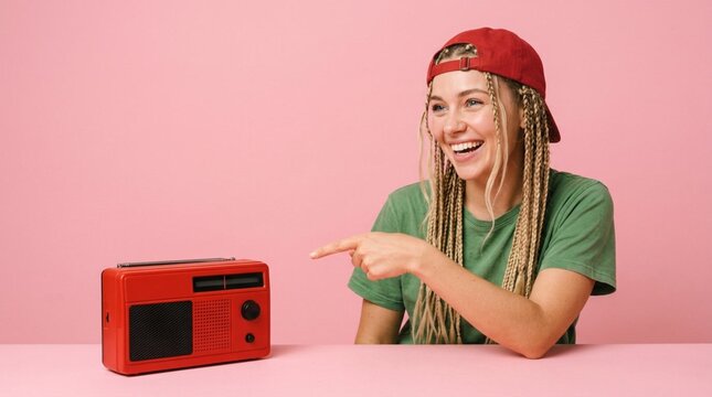 Cheerful young blonde woman with long braids wearing red backwards cap and green t-shirt pointing playfully at a vintage red radio on pink background, laughing joyfully