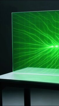Glowing green laser beams radiating through clear glass panel creating complex digital motion light video footage