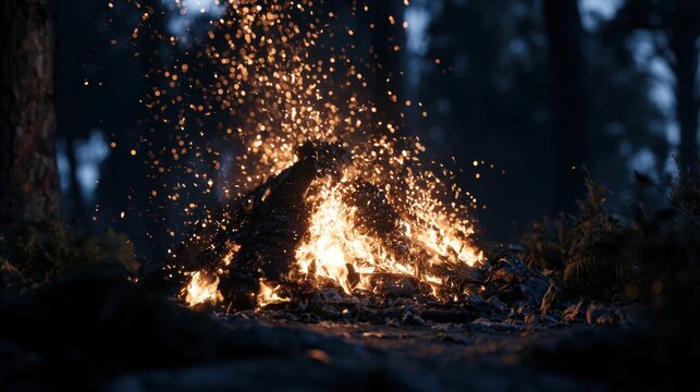 A bonfire burns brightly in a dark forest at night, sending sparks into the air. Nearby trees are silhouetted against the light.