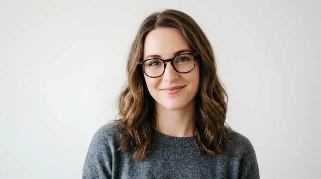 Portrait of smiling young woman with wavy brown hair wearing round black glasses and gray sweater against plain light background, natural soft lighting, headshot