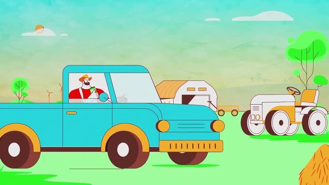 Farmer drives blue pickup truck through sunny rural countryside pasture in this colorful animated vector style digital motion video clip