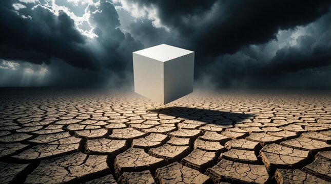 White cube floats above cracked dry earth under dark storm clouds. Abstract concept of climate change or future technology, evoking desolation and mystery.