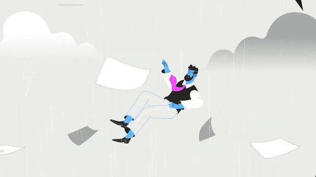 Stressed businessman falling through time and space in this flat vector animation footage showing constant deadlines and overwhelming work pressure