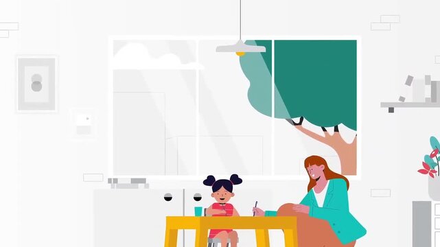 Mother helping young daughter with school homework assignment at home in this creative animated 2d vector style loop motion clip
