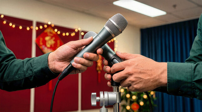 Hands adjusting and exchanging microphones on metal stand during office event preparation. Close up of stage setup for speech, corporate conference, New Year party and holiday presentation