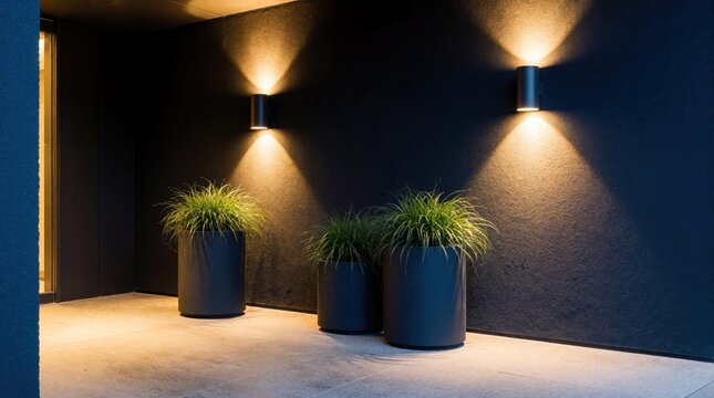 Modern dark wall with uplighting from cylindrical sconces frames large potted plants. A clean tiled patio area is lit by warm ambient light at night.