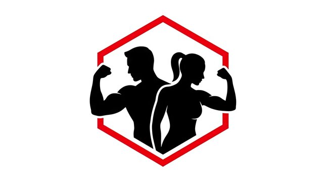 Hexagonal fitness logo showing male and female bodybuilder silhouettes.