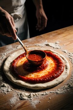 Professional chef spreads red tomato sauce on raw pizza dough using spoon. Close up view of cook preparing delicious italian meal in dark kitchen. Homemade dough sits on wooden table with flour in