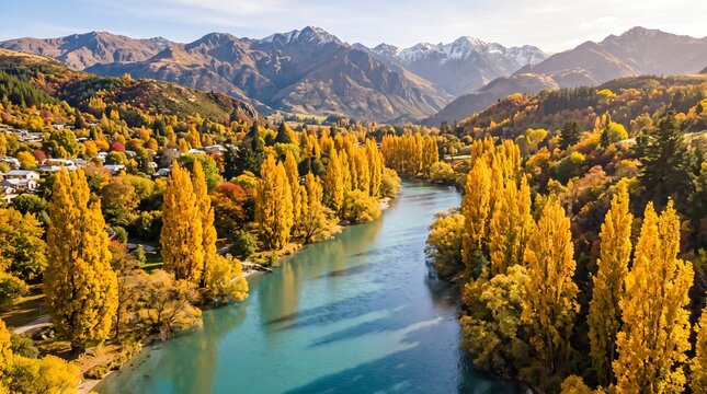 Golden Autumn Poplars Along Turquoise River in Arrowtown New Zealand with Mountains