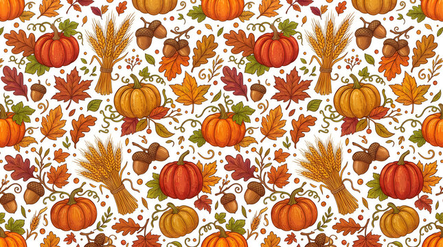 Autumn Forest Seamless Pattern with Pumpkins Acorns Wheat Sheaves and Fall Leaves