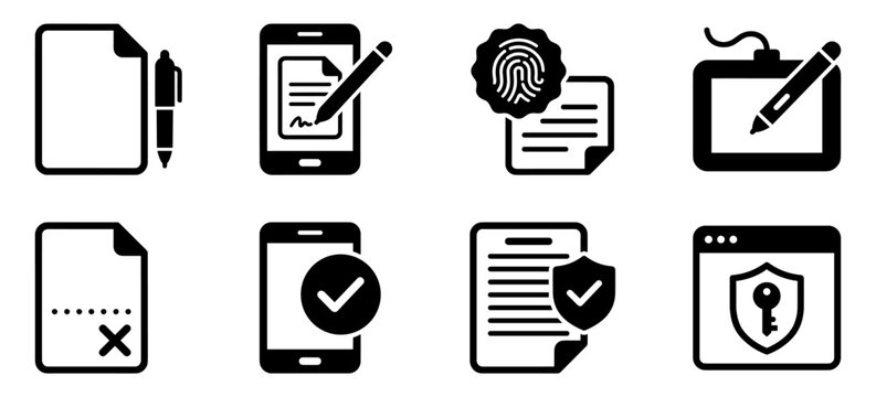 Digital signature and electronic contract icons set, online document signing, biometric authorization, and secure agreement vector