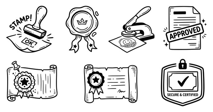 Approval stamp and certified guarantee doodle icons set, rubber seal, wax stamp, embosser tool, approved document, scroll banner, and security badge vector