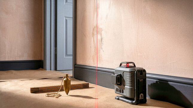 Laser level tool projecting vertical red beam on plaster wall in room interior. Plumb bob, folding ruler and floor paper set up for precise alignment during wallpapering renovation project