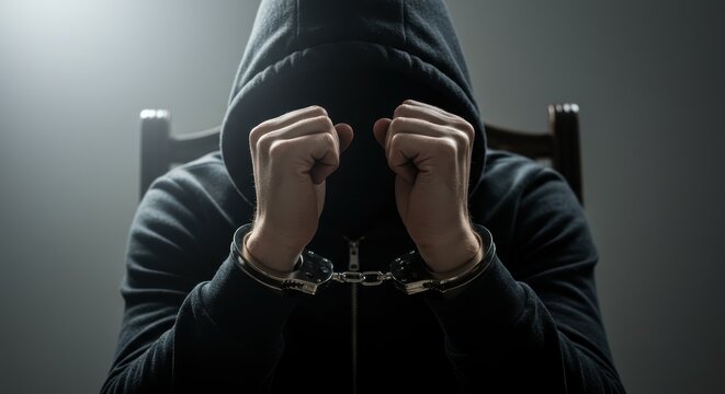 Hooded person in handcuffs sitting on a chair in a dark room  
