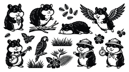 Obraz premium Funny Animal Icons Set with Cute Cartoon Cat, Dog, Bear, Owl, Rabbit, Fish and Bird Silhouettes, Halloween Monster Vector Illustration Collection for Logo and Design
