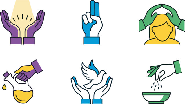 Set of religious icons representing various spiritual rituals and practices including prayer, blessing, anointing, and peace symbols