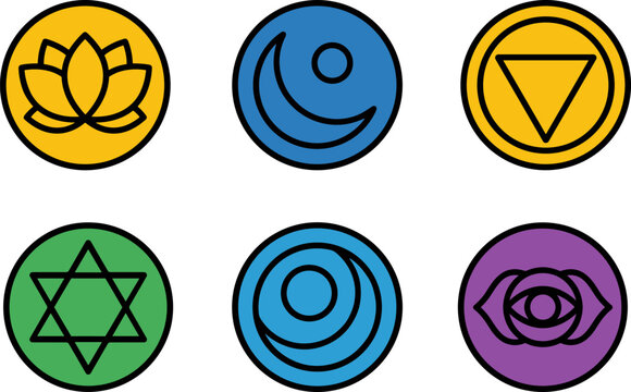 Set of colorful chakra symbols, spiritual icons representing energy centers in the human body, flat vector illustration for yoga and meditation
