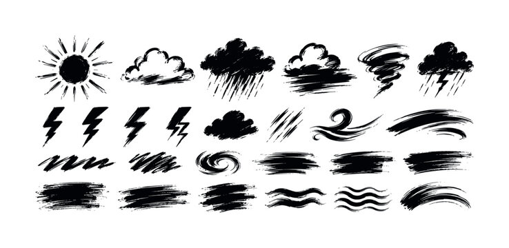 Collection of hand-drawn weather icons and abstract brush strokes