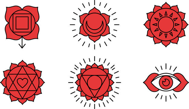 Set of seven chakra symbols, spiritual energy centers, yoga and meditation icons, vector illustration