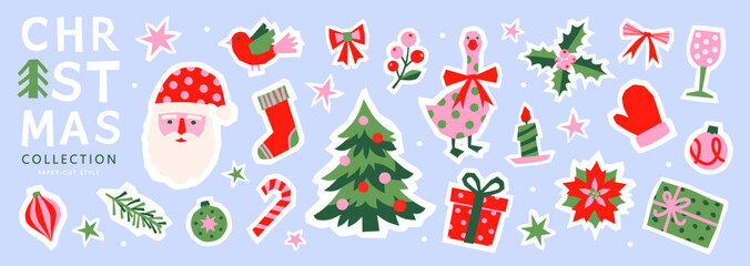 Fototapeta na wymiar Set of Christmas icons and elements in a modern paper-cut collage style. Featuring Santa Claus, fir tree, gifts and festive ornaments for holiday decor and stickers, vector illustration.