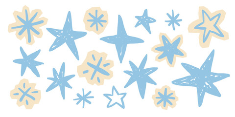 Obraz premium Set of hand-drawn stars and celestial shapes in blue and beige colors in sketch style. Isolated elements for Christmas decor, holiday stickers and nursery design, vector illustration.
