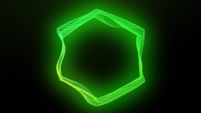 Abstract neon green hexagon wireframe shape on dark background. Perfect for modern tech video, cyber concept, and digital data presentation.
