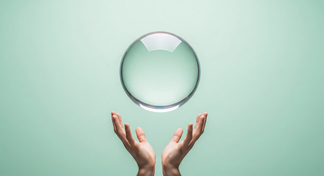 Two hands reaching to floating transparent glass sphere on mint green background, conceptual crystal ball levitation, future prediction, hope and mindfulness minimalist banner with copy space