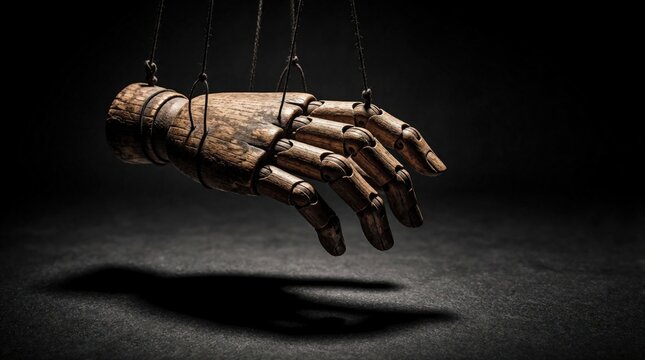 Wooden puppet hand suspended by strings. Close up on articulated fingers controlled remotely. Concept of manipulation and power in business or social contexts.
