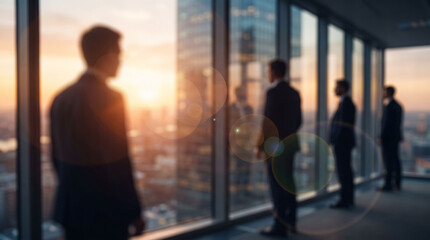 Naklejka na ściany i meble Silhouetted businessmen standing in a high-rise office looking at the city skyline at sunset