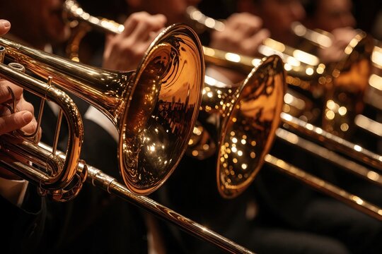 Brass musicians play trombones in orchestra section. Shiny gold instruments gleam under stage lights. Close up on metal horns during concert performance.